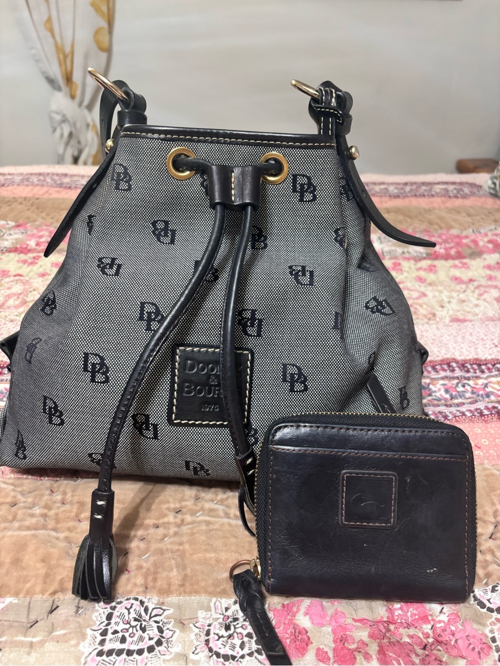 Dooney & Bourke Gray Logo Drawstring Bucket Bag with Black Leather Wallet